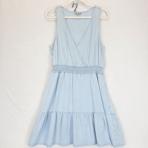 Wishlist Apparel Shift Dress Chambray Shirred Waist Sleeveless Women L Blue